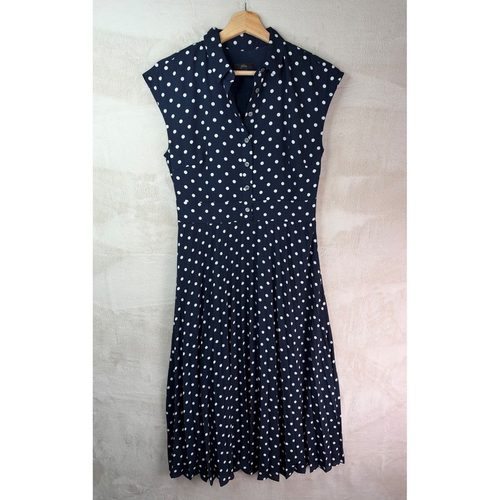 J.Crew Navy Blue White Polka Dot Pleated Midi Shirt Dress Sleeveless Size 6